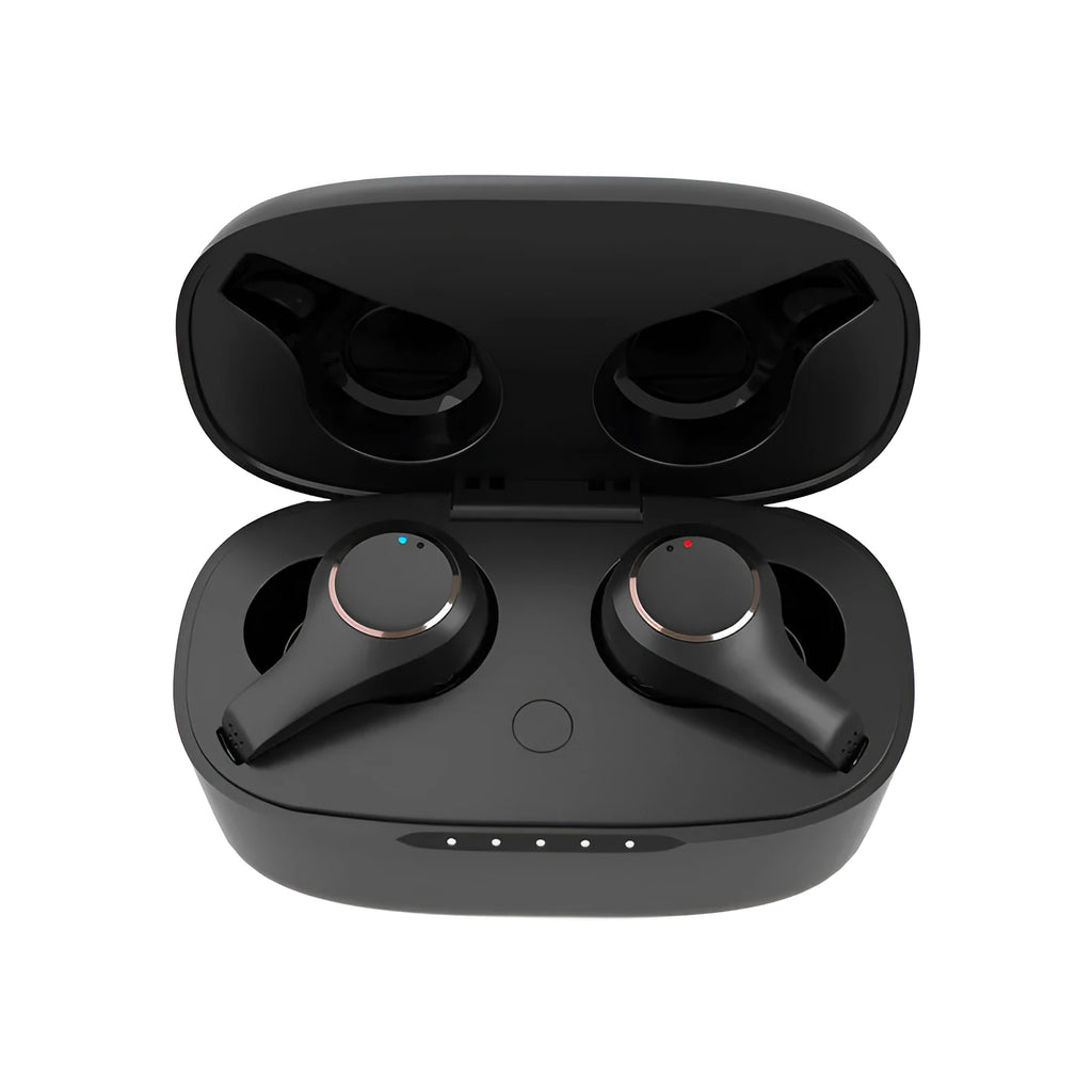 Black and white ANC Active Noise Cancelling Bluetooth headset with earplug design