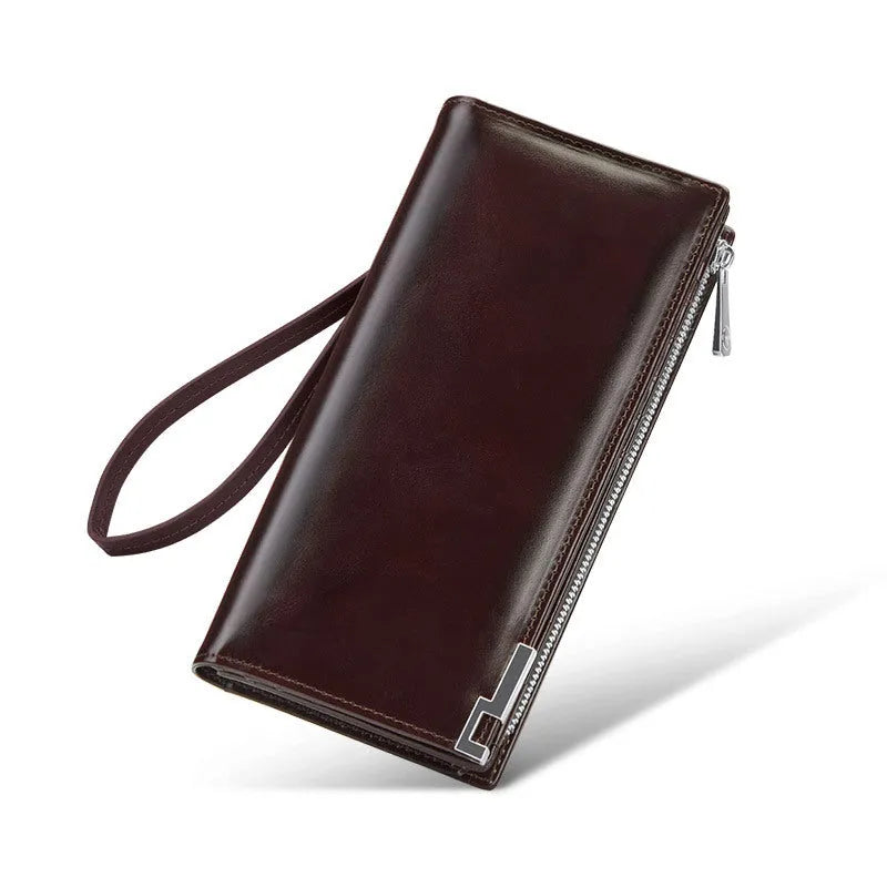 Brown solid colour cowhide leather wallet with contrast stitching laid open showing card slots and cash compartment