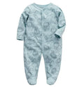 Cotton one-piece baby clothes showing dinosaur print and size options