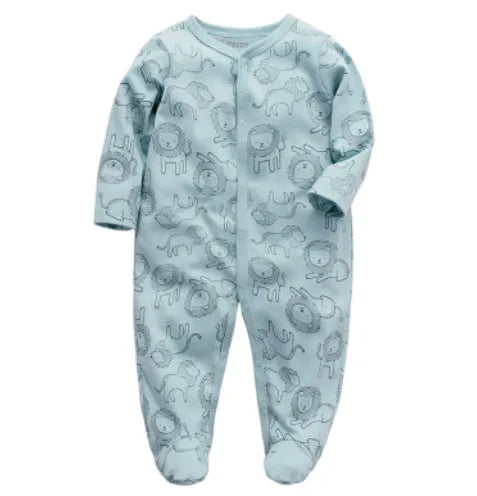 Cotton one-piece baby clothes showing dinosaur print and size options