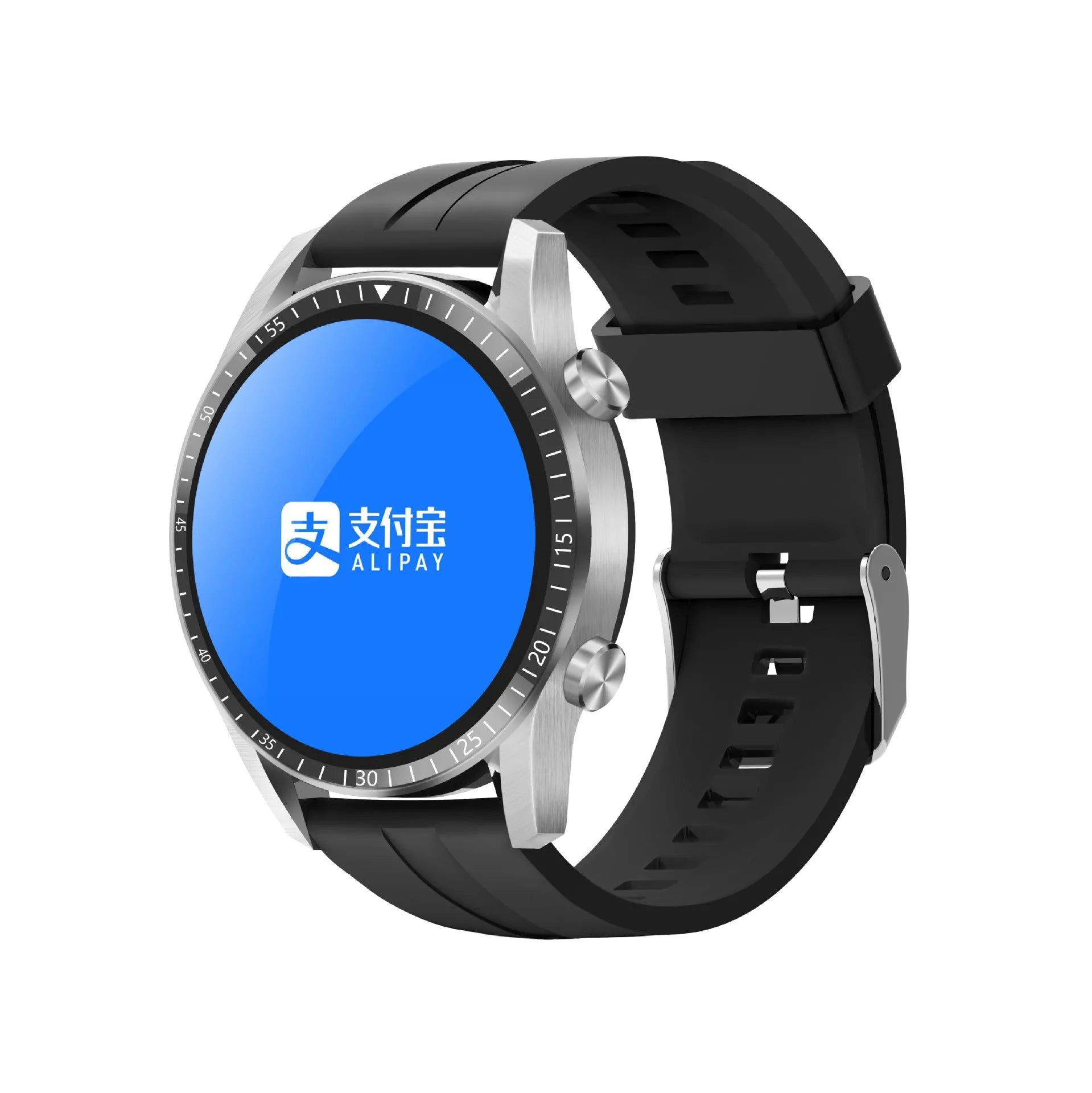 Round aluminium smart watch with Bluetooth calling on a wrist, showing a black watch face.