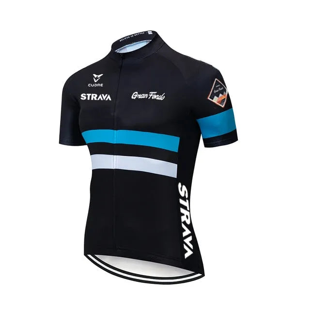 Men's cycling jersey and bib shorts set with COOLMAX gel pad, polyester and lycra, sizes XS to 4XL