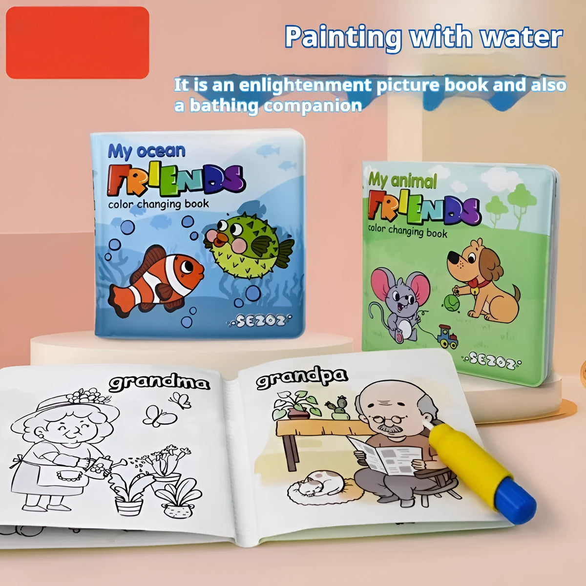 Magic water painting colour changing bath book for babies 0-3 years, PEVA tear-proof waterproof, animal design