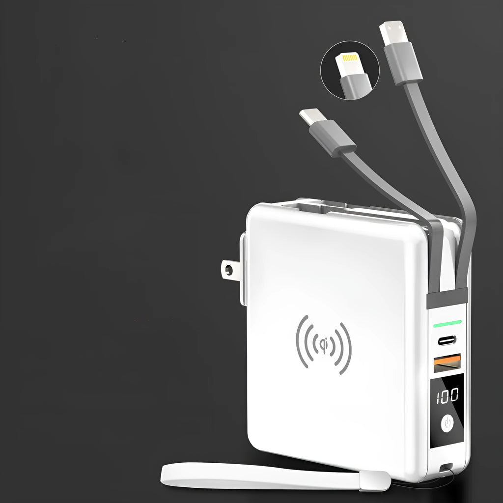 Super QI Power Bank with folding international plug in black, showing wireless charging surface and USB-C port.