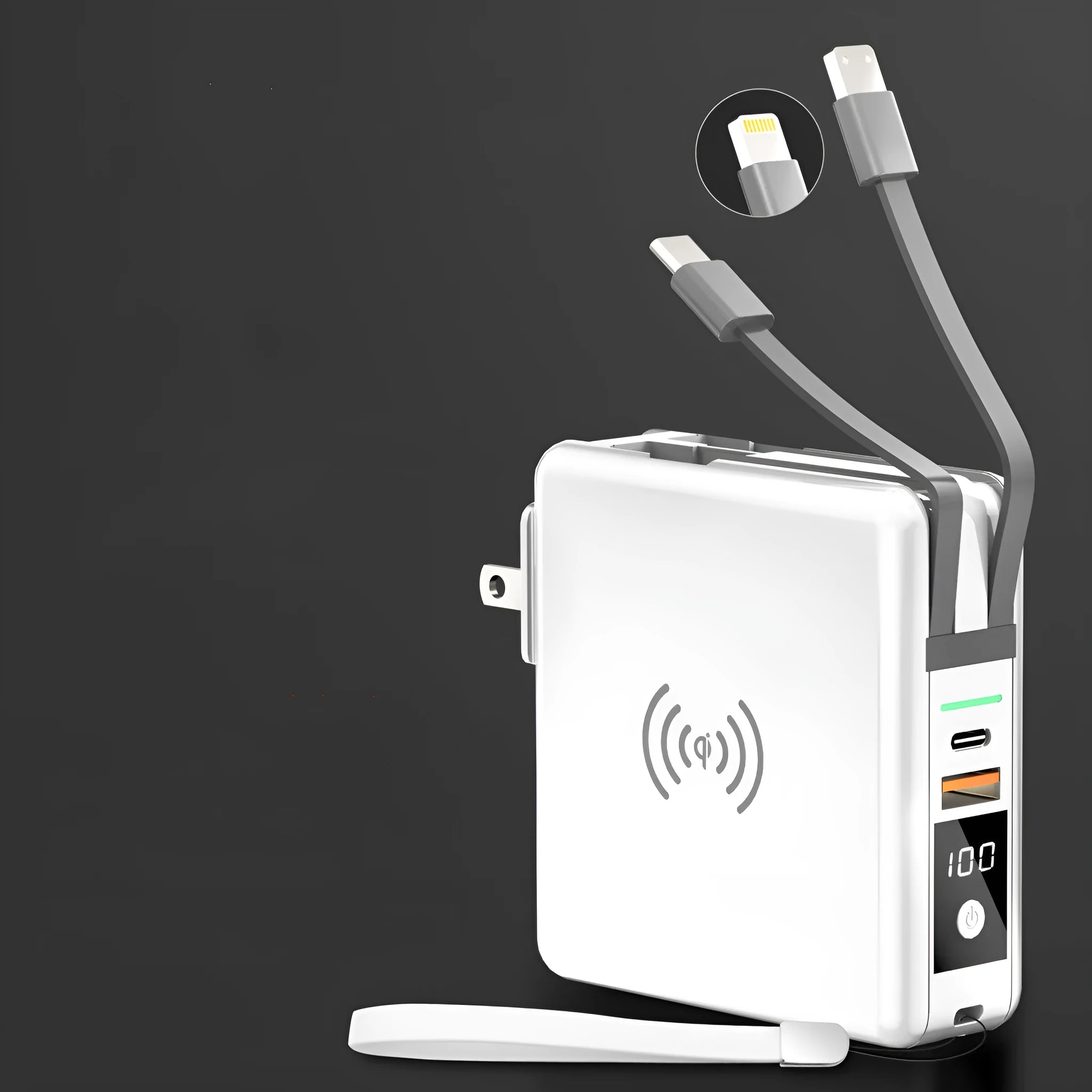 Super QI Power Bank with folding international plug in black, showing wireless charging surface and USB-C port.