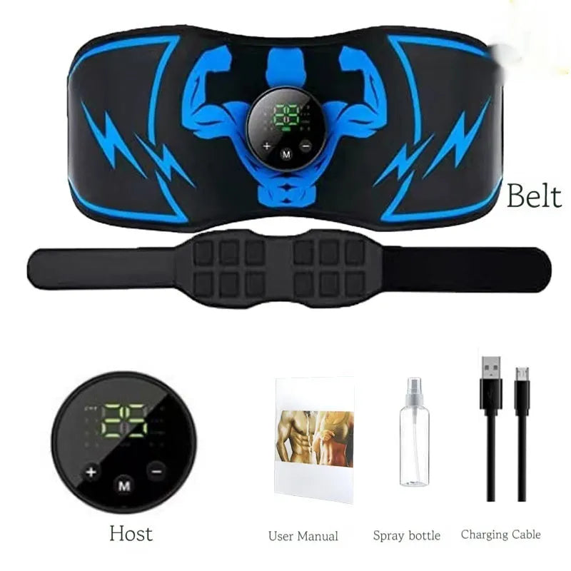Blue rechargeable EMS abdominal massage belt with wireless remote control and fitness components
