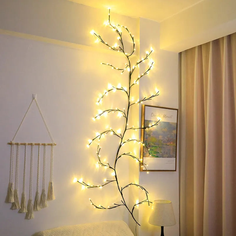 Rattan-style LED tree light with warm white illumination for room decoration
