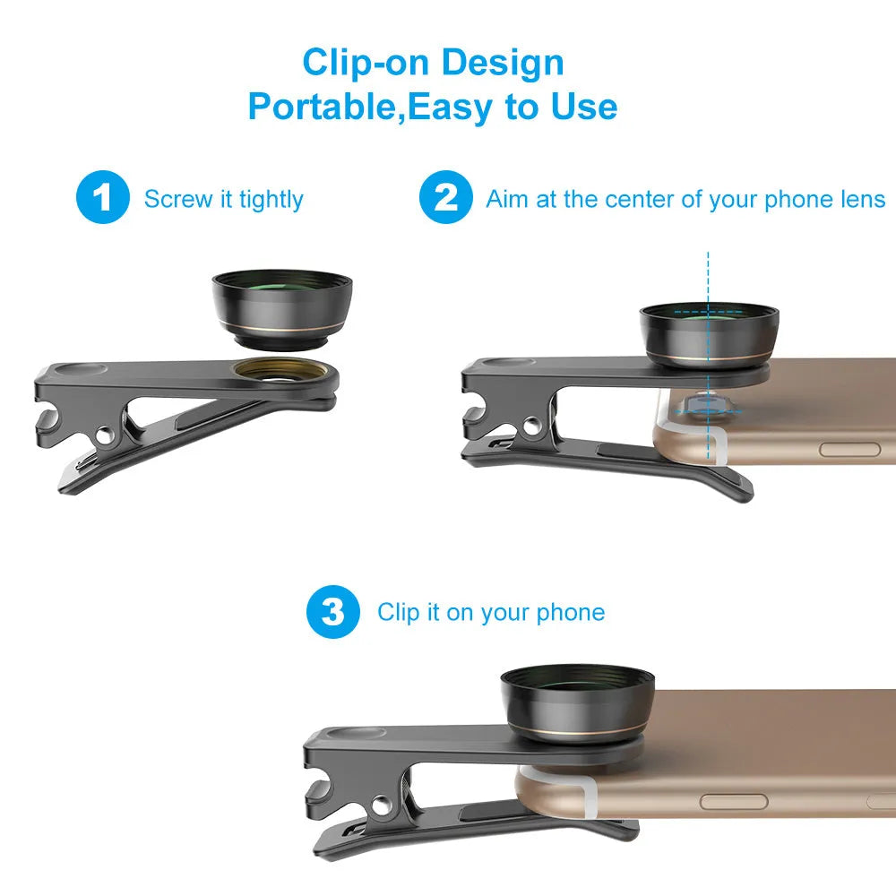 Black 6-in-1 universal smartphone camera lens kit with fisheye, wide-angle, macro, and telephoto lenses in an EVA case.