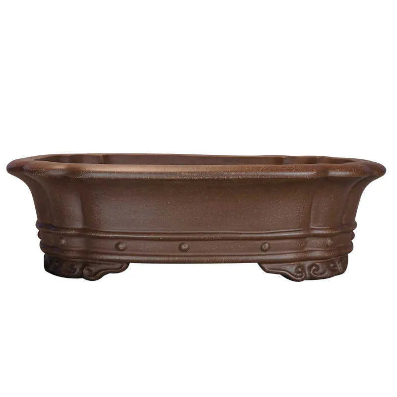Purple sand clay rectangular flower pot with plain antique finish, shown empty.