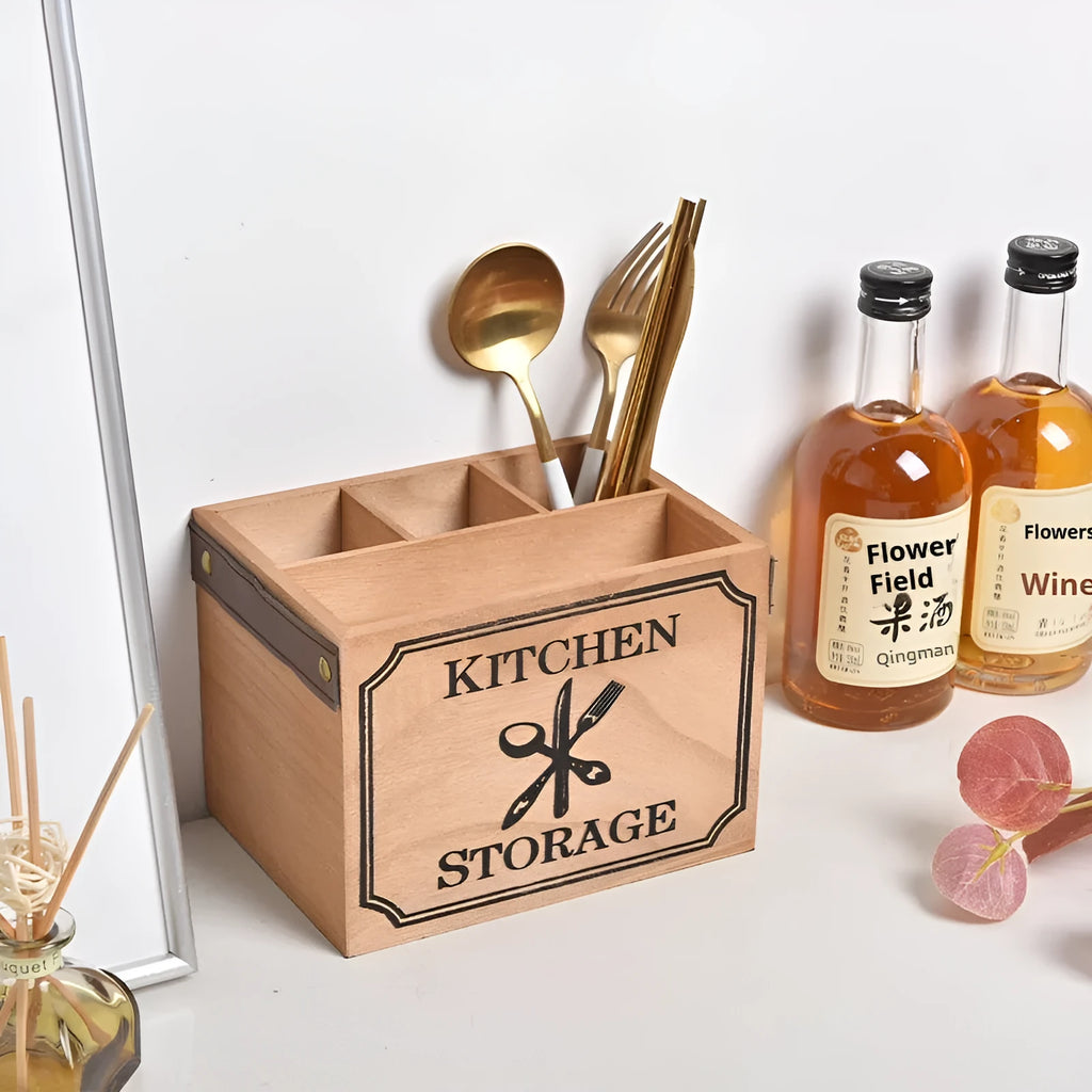 Wooden kitchen storage box with grid compartments for knives, forks, and chopsticks.