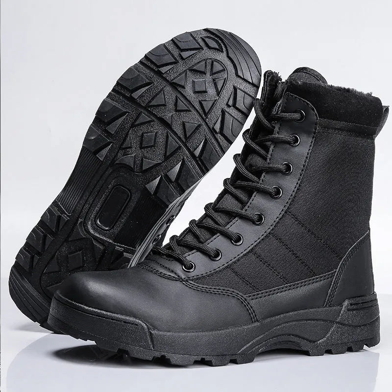 Men's microfiber leather desert combat boots in black and sand for hiking and outdoor sports
