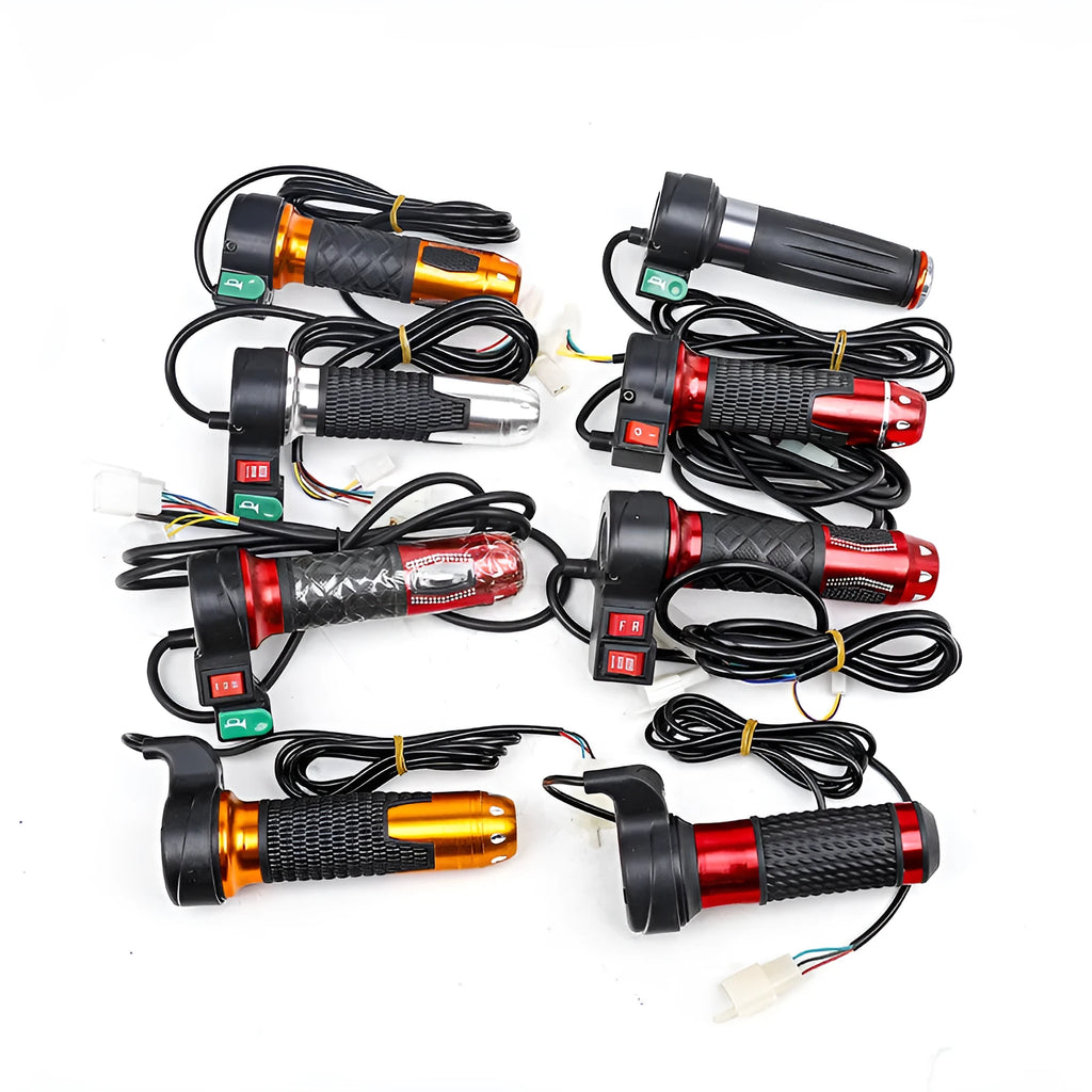 Three-speed rotating plastic handle for three-wheel electric vehicle acceleration control, with 3-wire plug connector.