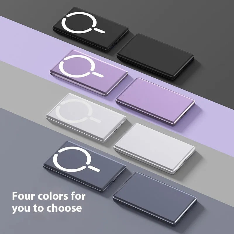 Ultra-thin magnetic power bank in dark grey colour with alloy shell showing dimensions