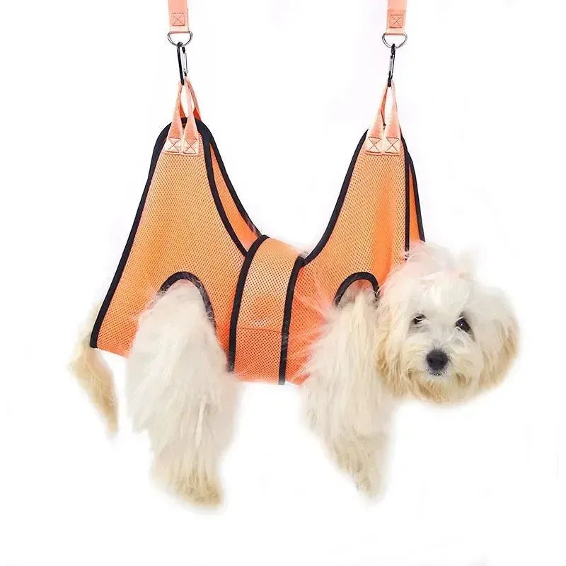 Cat grooming restraint bag with hanging hammock in three measured sizes for nail trimming and bath time