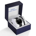 Men's quartz watch set with round alloy case, 37mm dial, leather band and buckle clasp, available in four colours