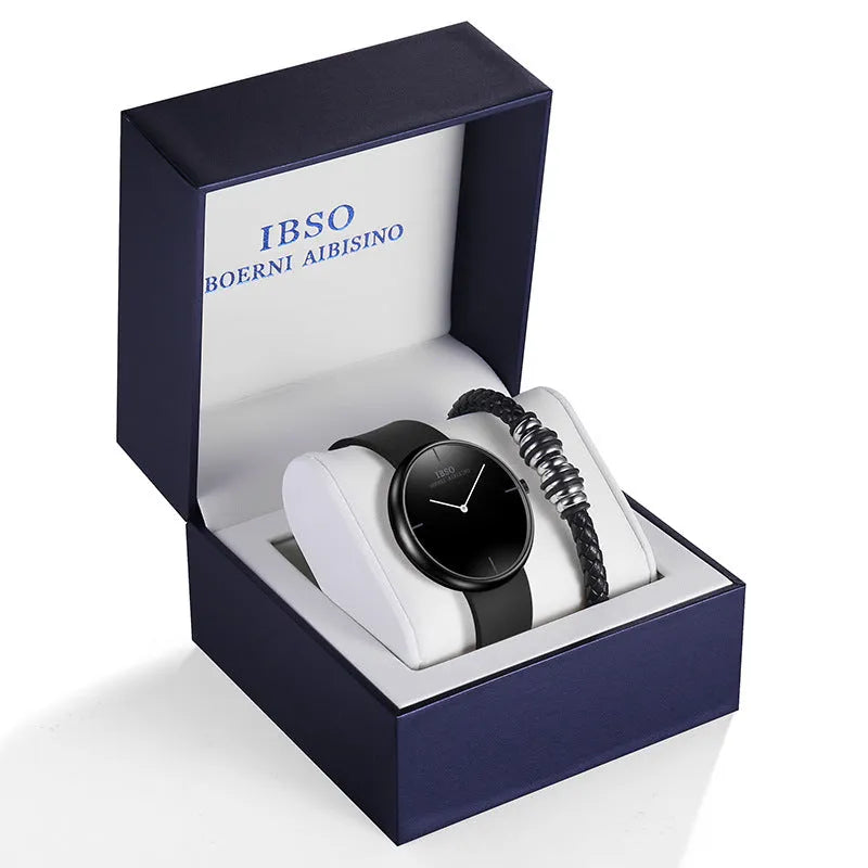 Men's quartz watch set with round alloy case, 37mm dial, leather band and buckle clasp, available in four colours