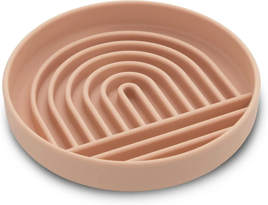 Silicone slow feeding bowl for cats and dogs in pink, gray, and light green