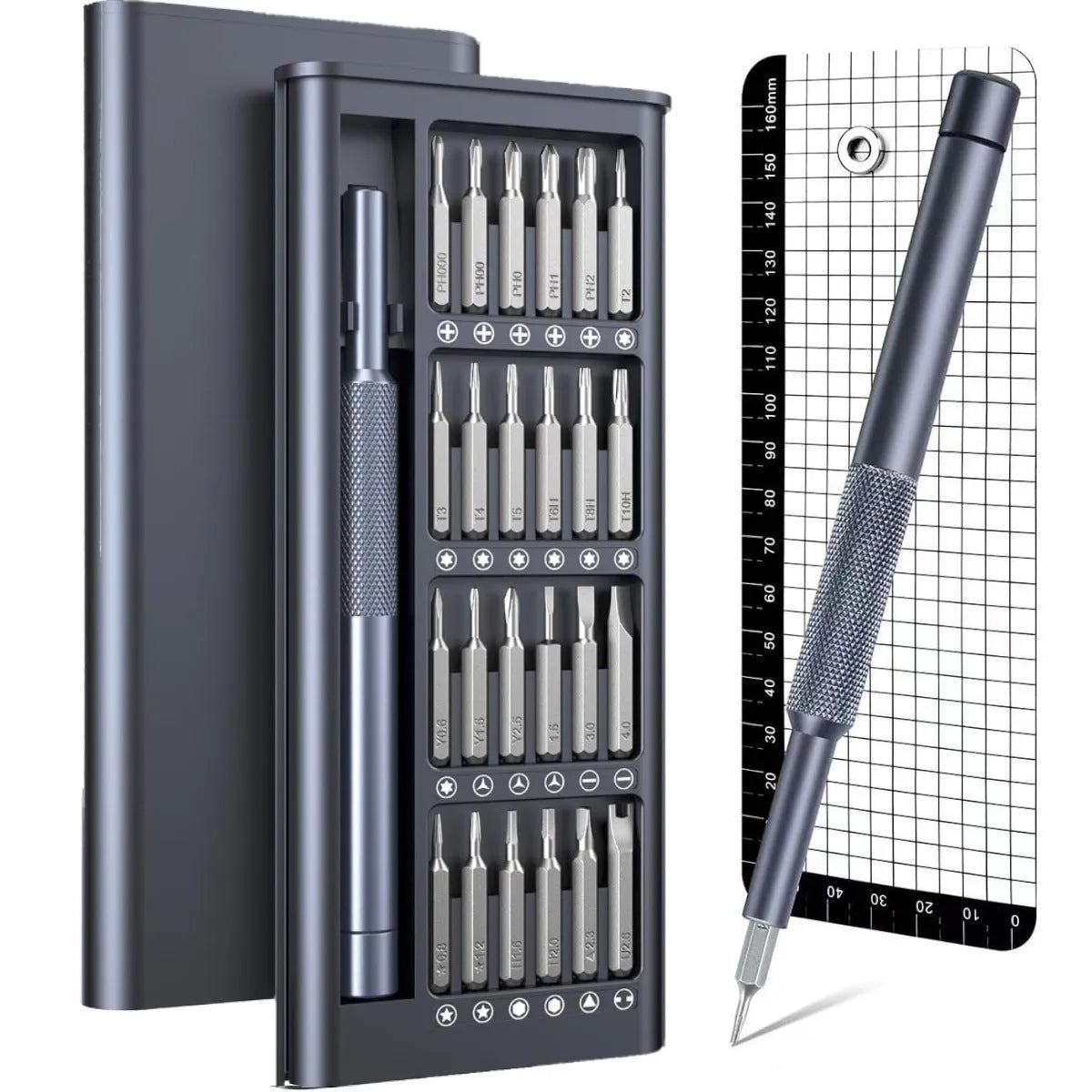 25-in-one precision screwdriver set with magnetic tip and knurled black handle, 110mm long.