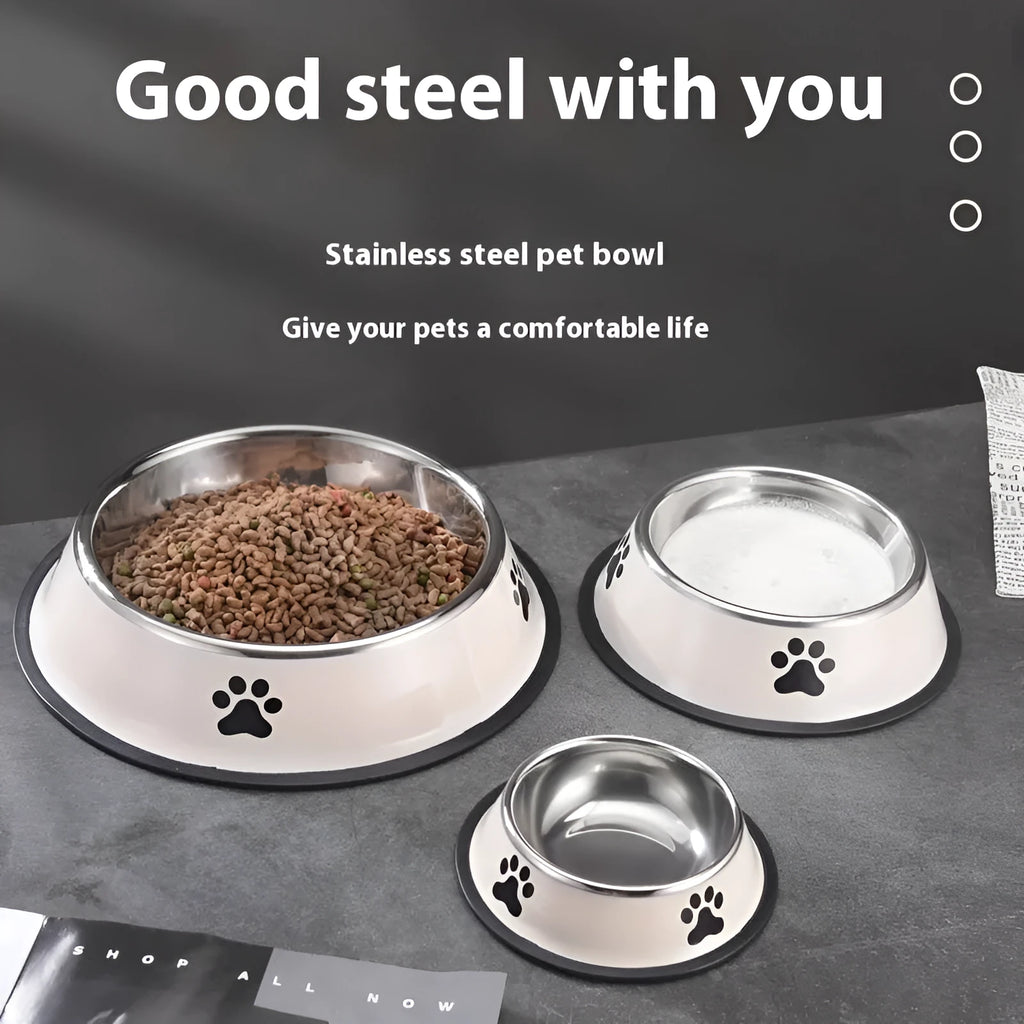 Printed non-slip stainless steel pet bowl for dogs and cats, size 22cm, in gray colour