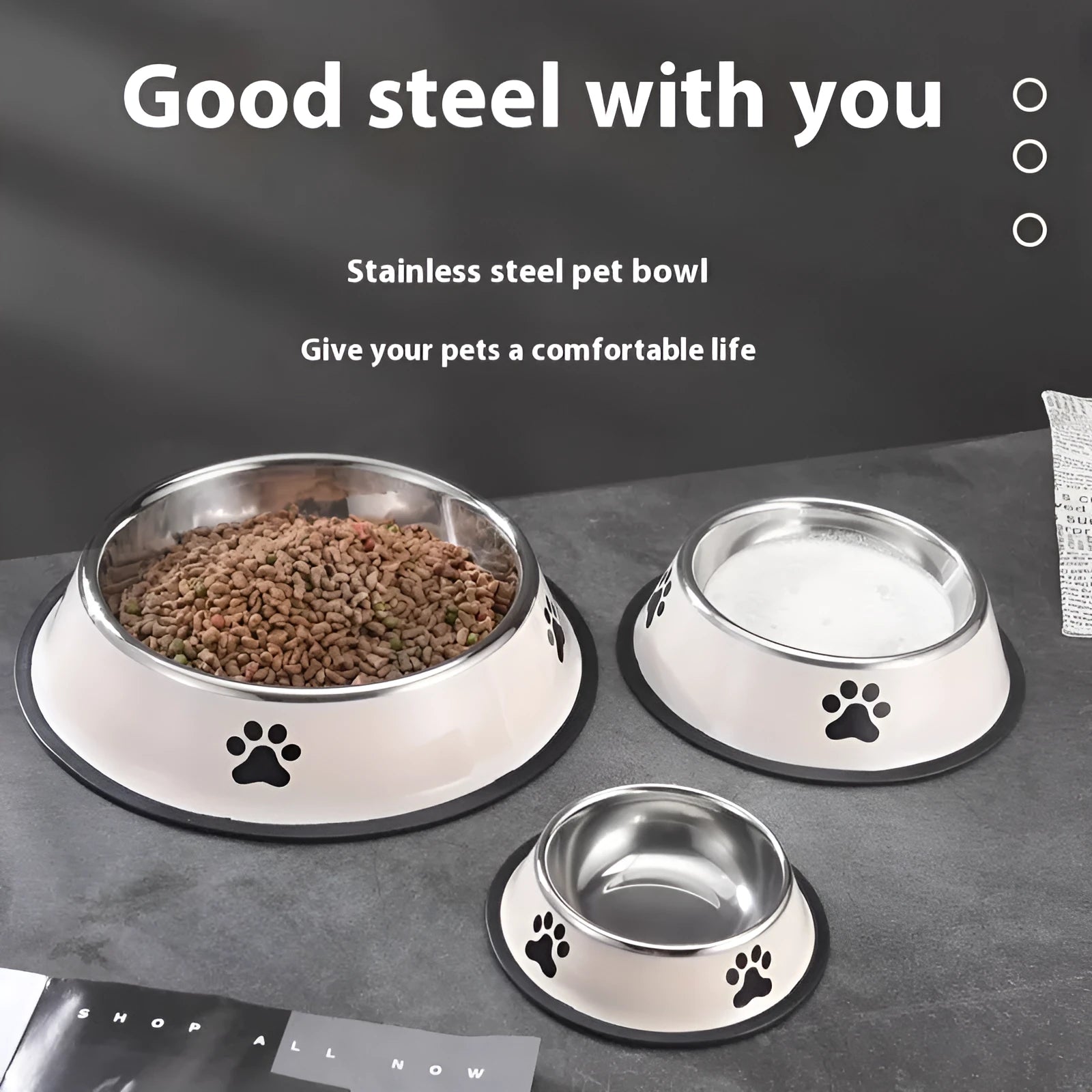 Printed non-slip stainless steel pet bowl for dogs and cats, size 22cm, in gray colour