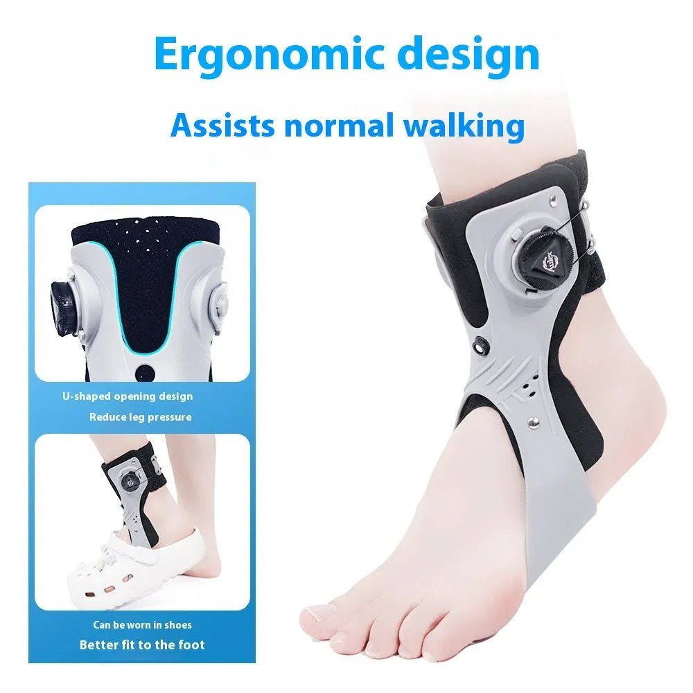 Grey ankle support brace with airbag button compression system showing adjustable fastening