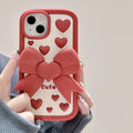 Pink 3D bow heart silicone phone case with hidden holder on iPhone, matte finish, Japanese Korean style design