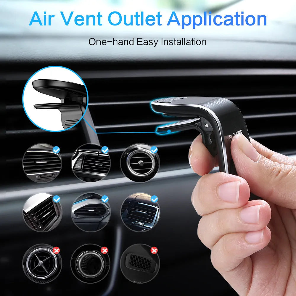 Floveme black car magnet phone bracket attached to air vent with silver aluminium alloy finish
