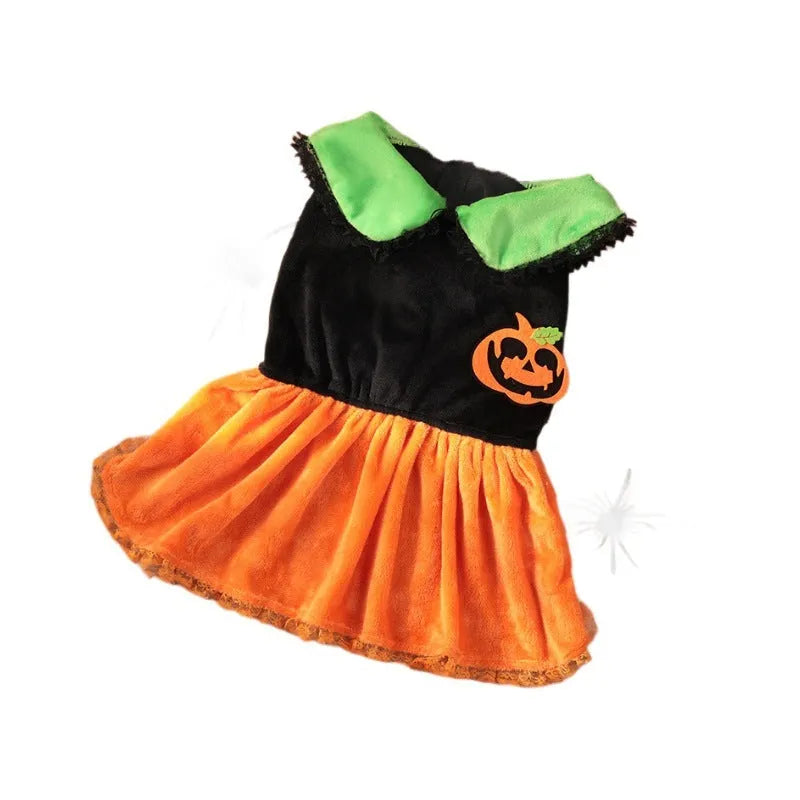 Halloween pumpkin skirt pet costume for small dogs and cats in crystal velvet material