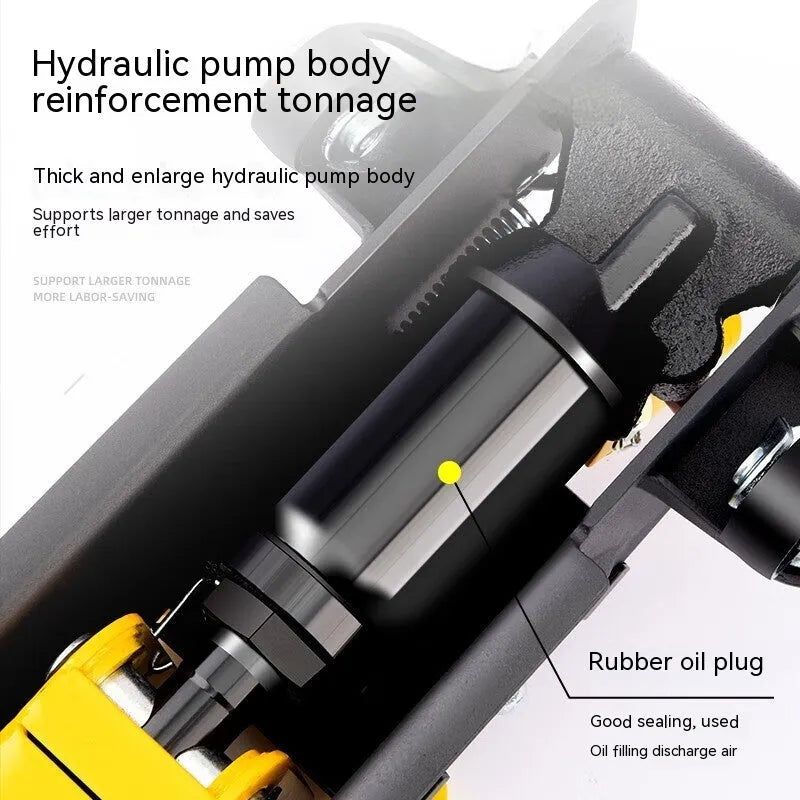 Horizontal hydraulic scissor car jack with handle for tyre changes, low profile design