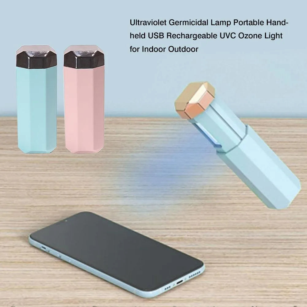 Portable UVC ozone USB germicidal wand steriliser in blue, folded size 37.5x37.5x98mm
