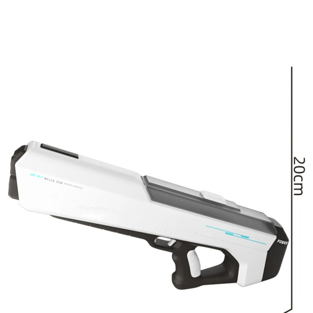 Fully electric water gun in sky blue with automatic water intake and 12m range for summer play