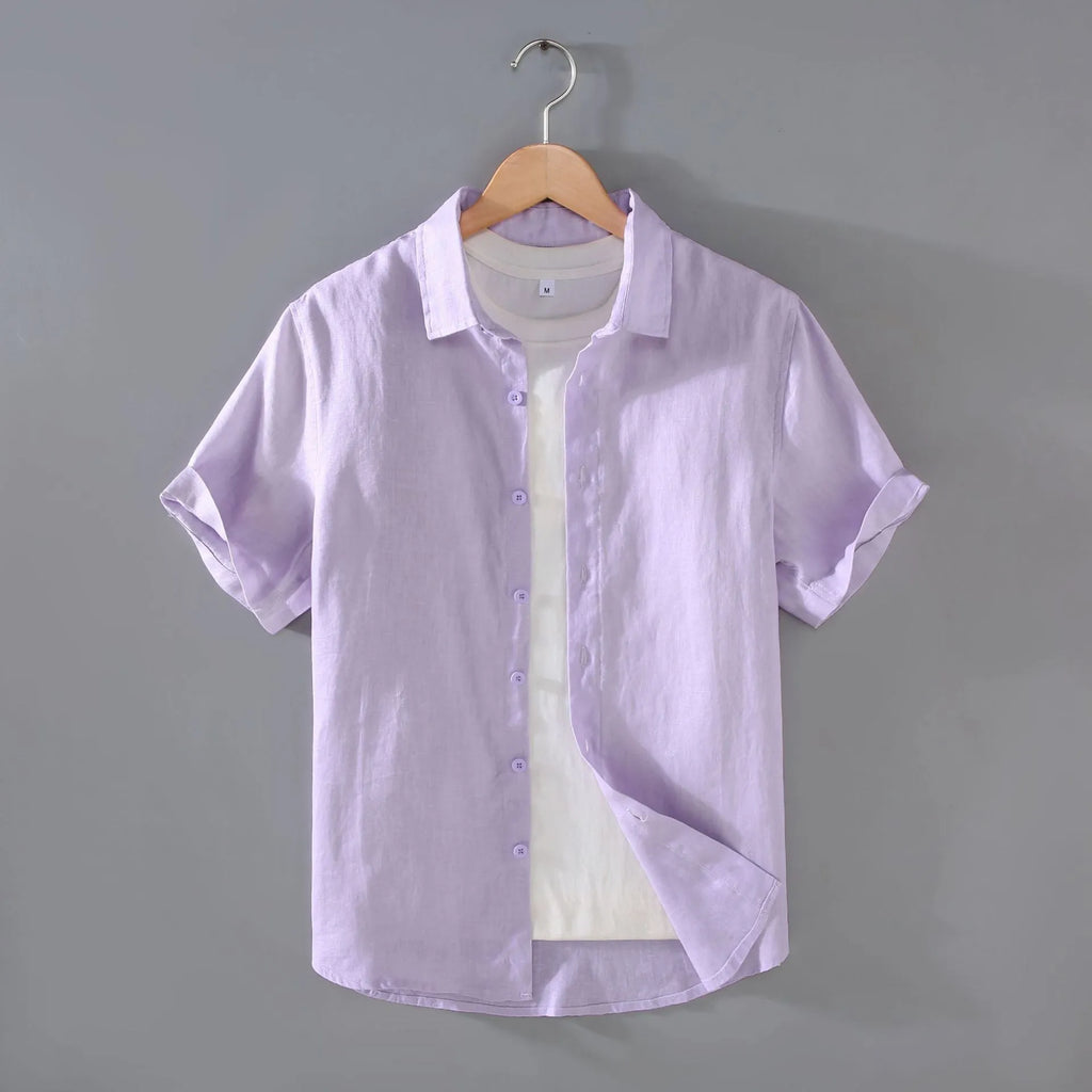 Men's casual short-sleeved linen shirt in regular cut available in seven colours including apricot, dark blue, and purple