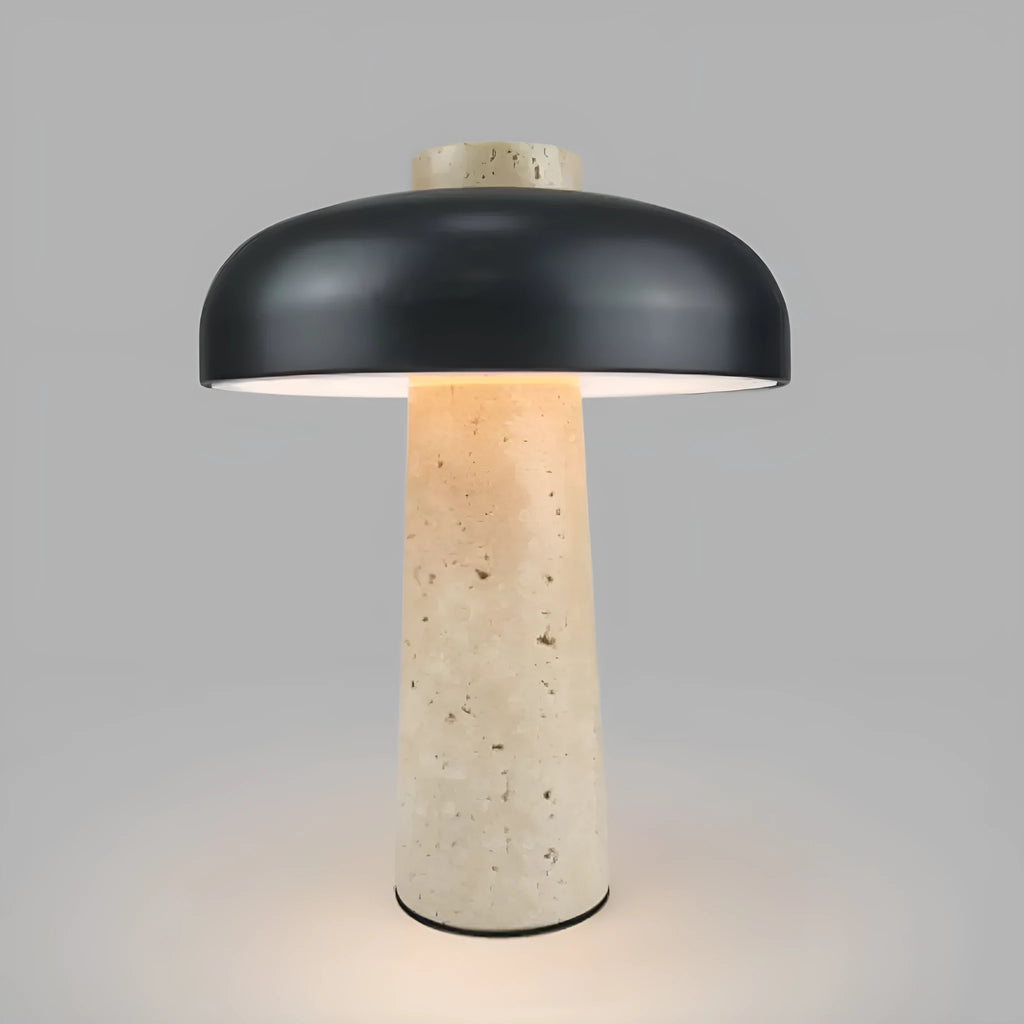 Modern alloy desk lamp with a rechargeable battery and touch-sensitive dimming switch on a wooden desk