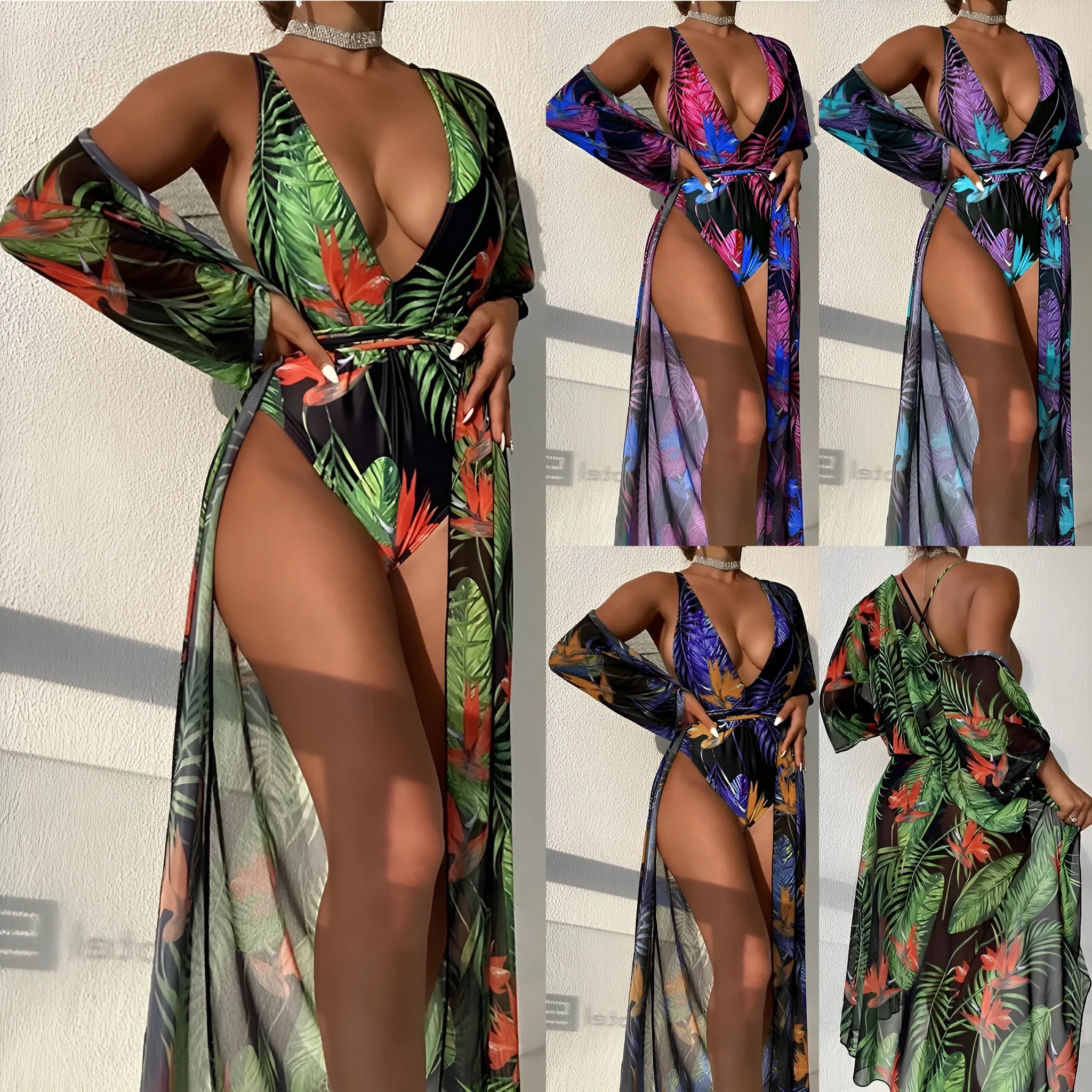 Women's three-piece polyester swimsuit bikini set with a matching coat in a pattern design.