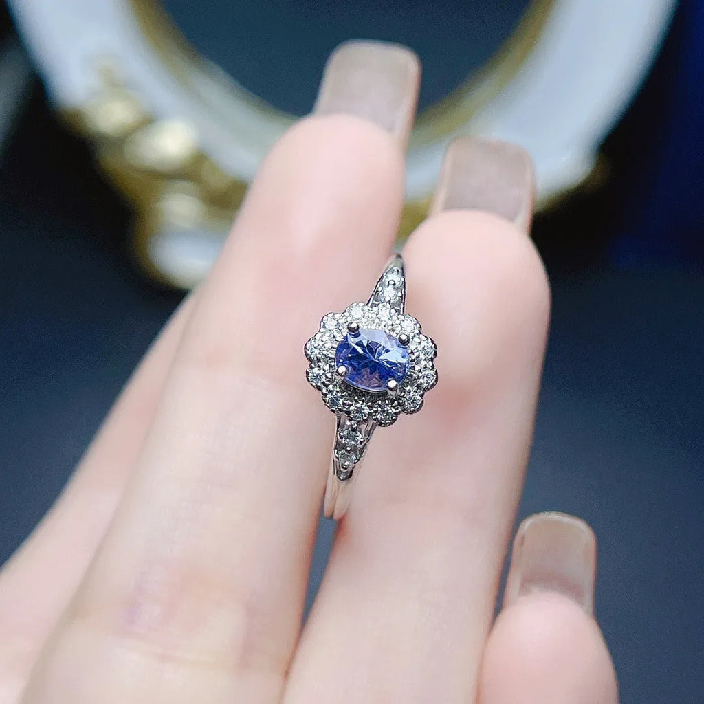 Natural tanzanite ring S925 silver adjustable open shank polished finish