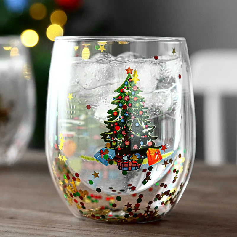 Christmas tree cup with double-layer high boron silicon glass, flowing sequins, and flower pattern, 301-400ml capacity