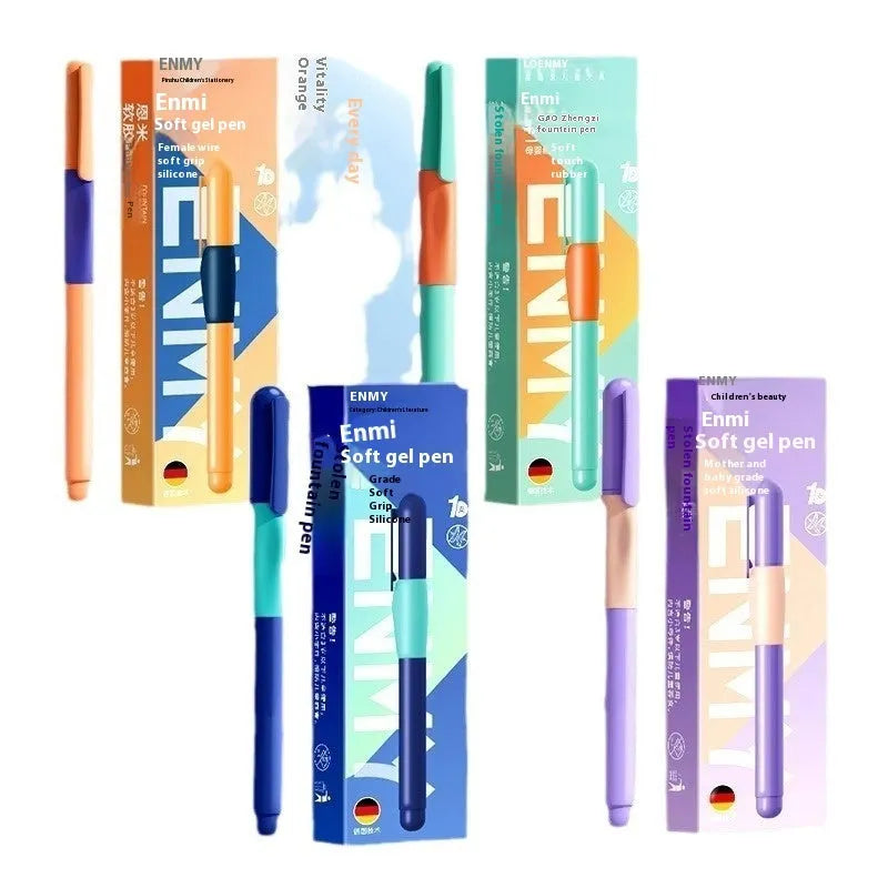 A student posture correction pen in a box, showing colour options: blue, blue-green, purple, and orange.