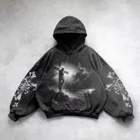 Hooded printed cotton sweatshirt in black or grey with hand-painted pattern, streetwear hip hop style, sizes M to XXL