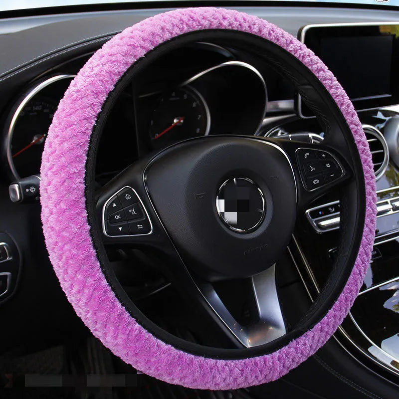 Plush car steering wheel cover in winter, fits 36-40cm diameter, soft grey colour