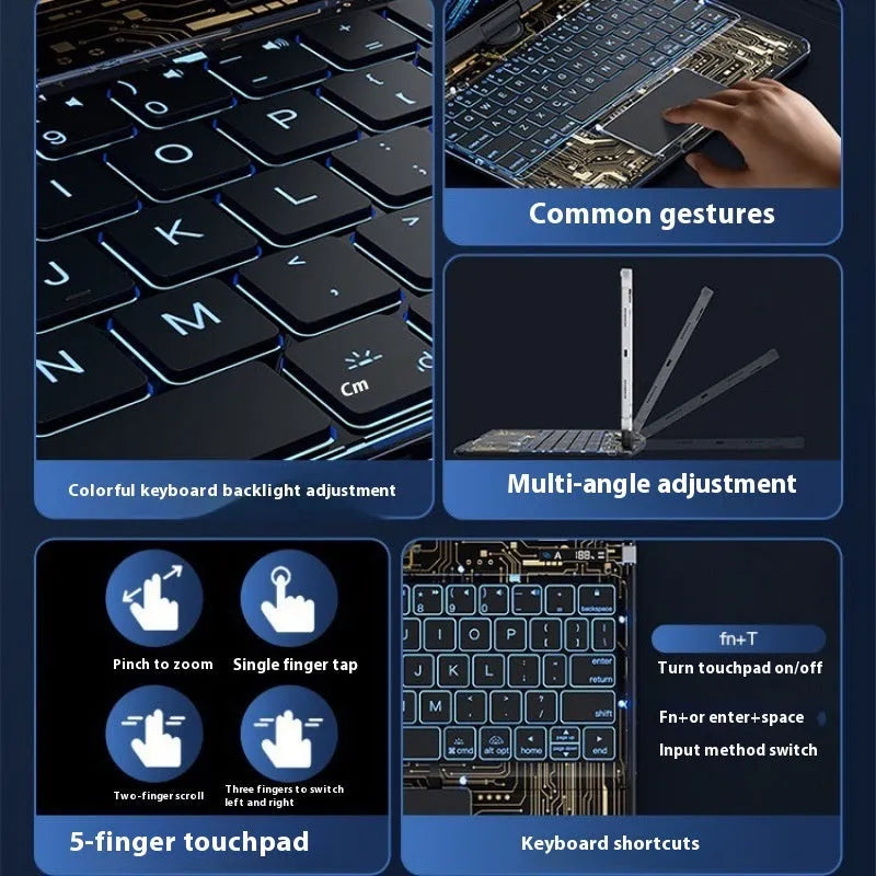 Transparent rotating keyboard case for Apple iPad Air 5 tablet showing adjustable hinge and wireless keyboard