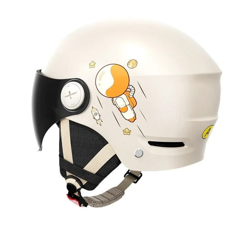 Khaki coloured motorcycle half helmet with integrated tinted sun lens, shown from the front.