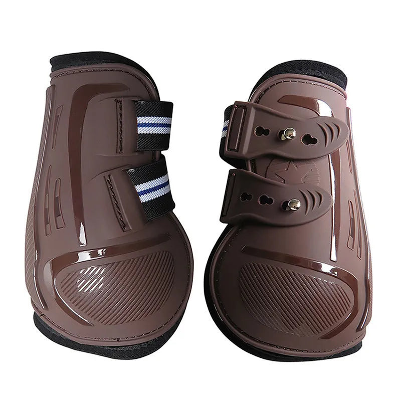 No 9 Colour Barrier horse leg guards showing hard PU shell, neoprene lining, and air holes in a blue set.