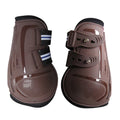 No 9 Colour Barrier horse leg guards showing hard PU shell, neoprene lining, and air holes in a blue set.