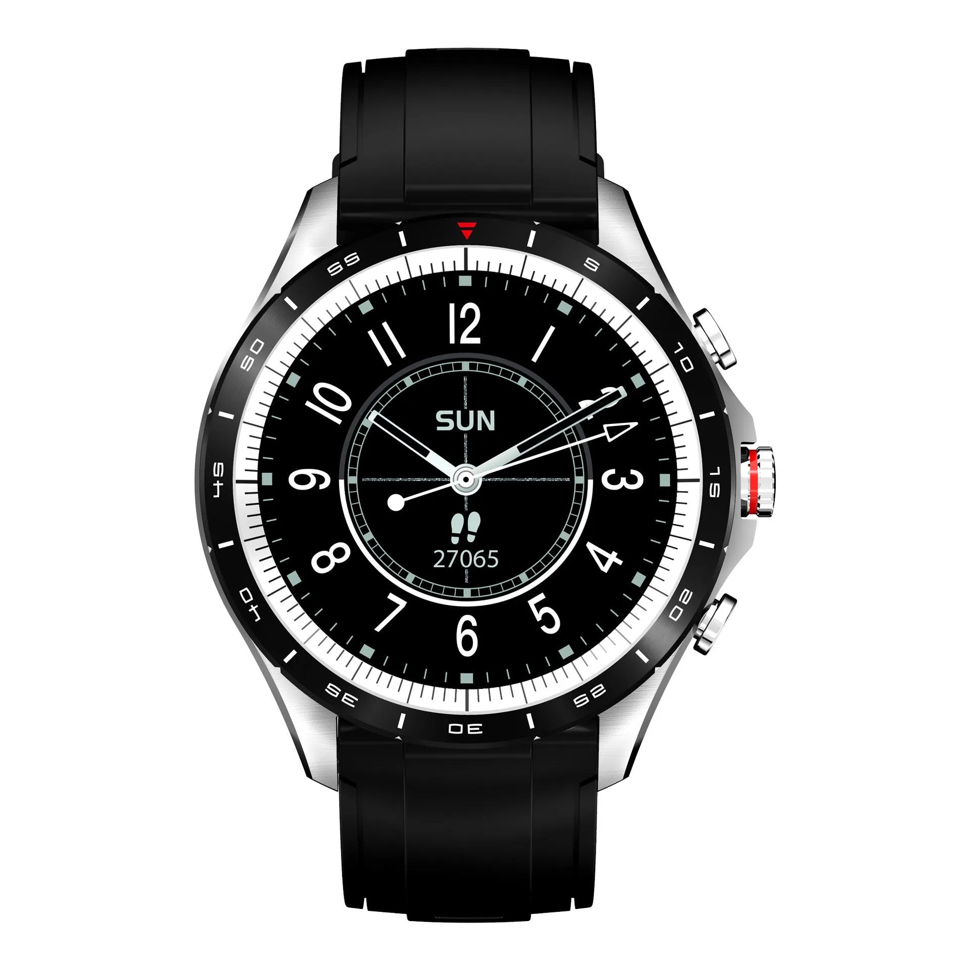 Men's black smart bracelet watch with zinc alloy case and silicone wristband on a wrist.
