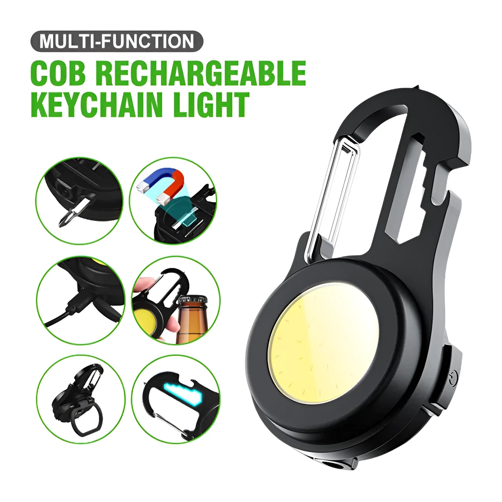 6 IN 1 mini keychain lamp with COB light, magnetic base, and bottle opener in aluminium alloy