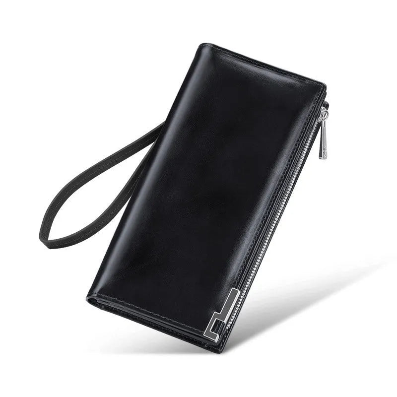 Brown solid colour cowhide leather wallet with contrast stitching laid open showing card slots and cash compartment