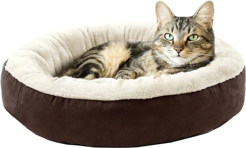 Circular soft cloth pet bed nest in blue colour showing raised edges and nesting area