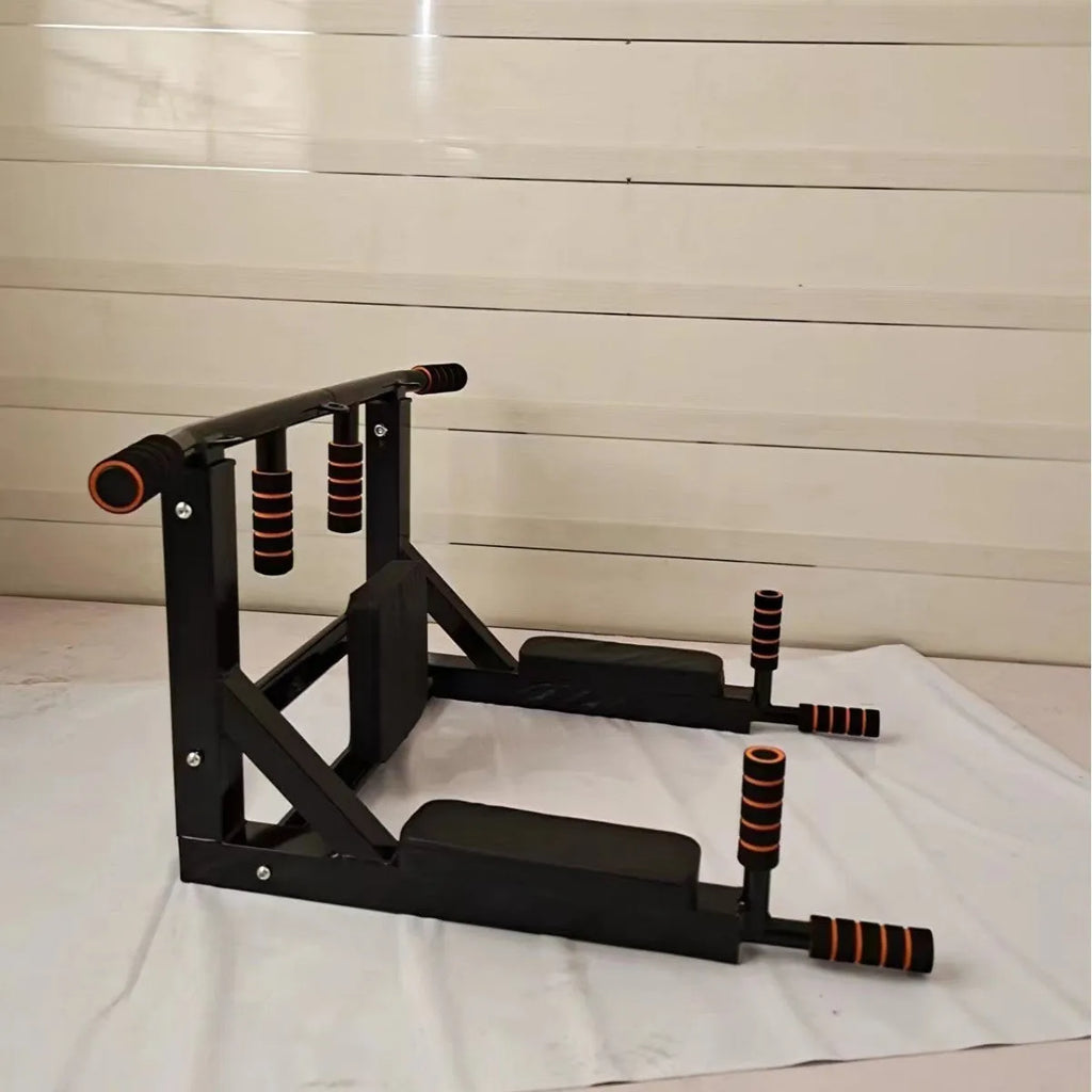 Black wall-mounted metal sandbag rack and parallel pull-up bars fitness equipment