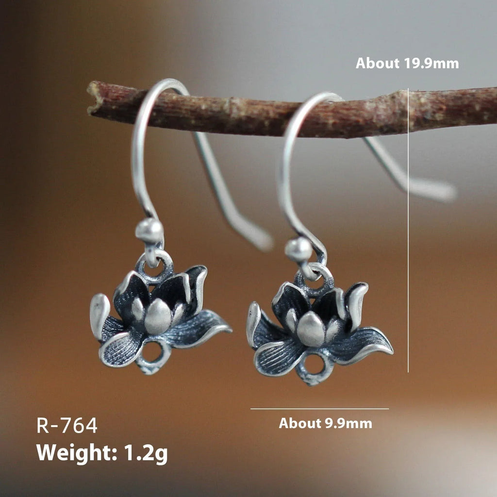 925 sterling silver lotus hook earrings for women, retro artistic flower shape, silver finish