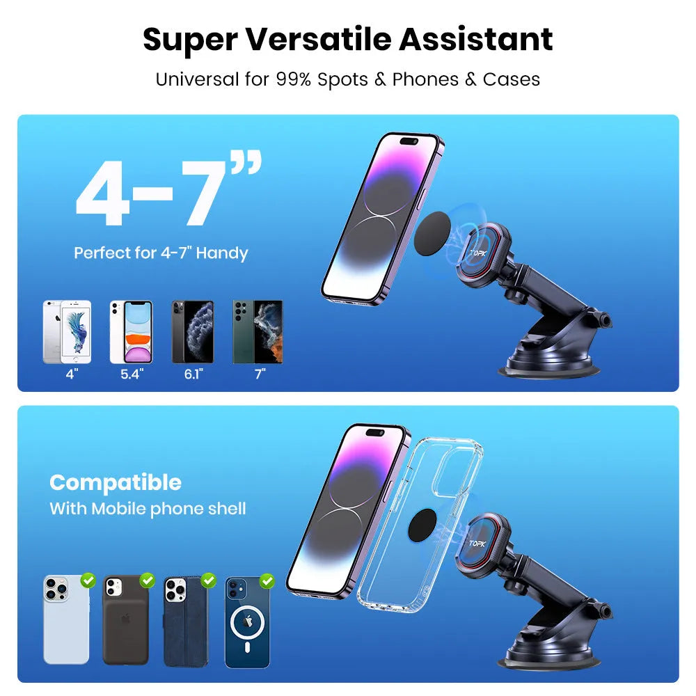 Magnetic car phone holder with suction cup mounted on car windscreen holding a smartphone